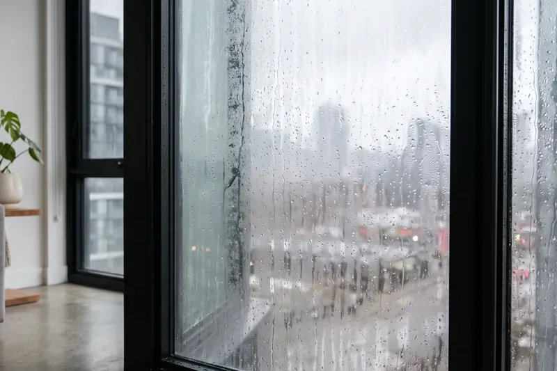 Ventana empañada con gotas de condensación