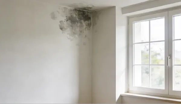 Esquina de pared con moho oscuro por humedad